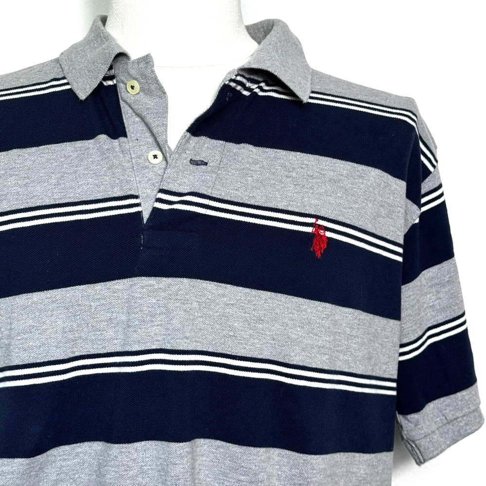 U.S. POLO ASSN Men's XL Navy Blue Gray Stripe Short Sleeve Polo Shirt Red Pony